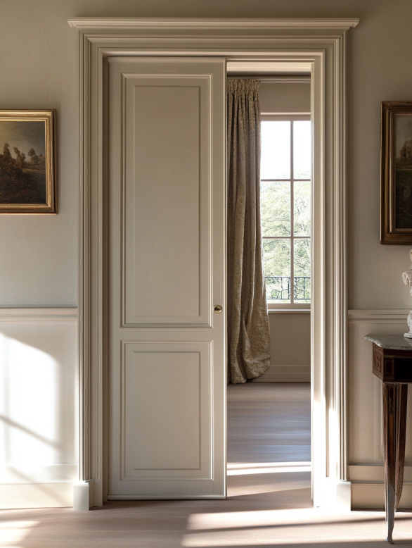Beige interior door in a traditional room with classic décor and soft lighting.