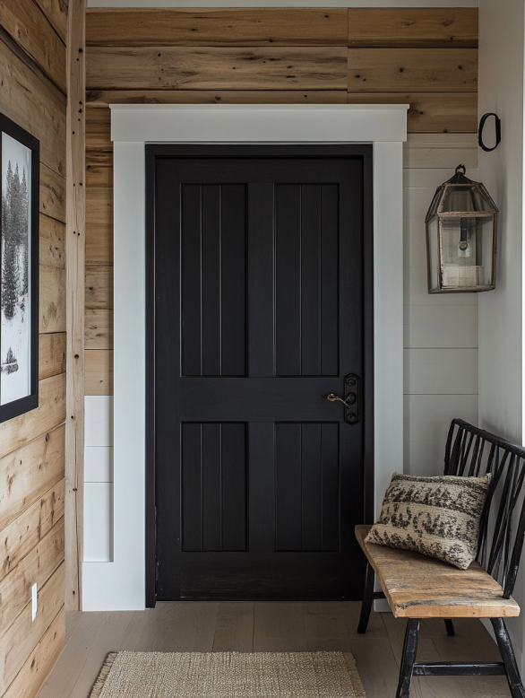 Black interior door with rustic wood wall accents for cozy entryway design