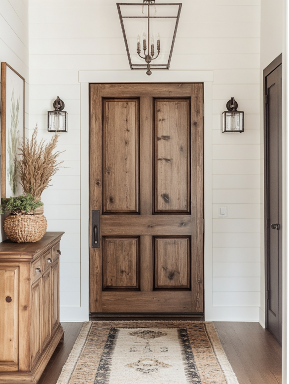 Rustic wooden interior door in a farmhouse-style room with natural materials and vintage accents.