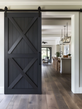 Black barn door interior design sliding across modern kitchen and living space
