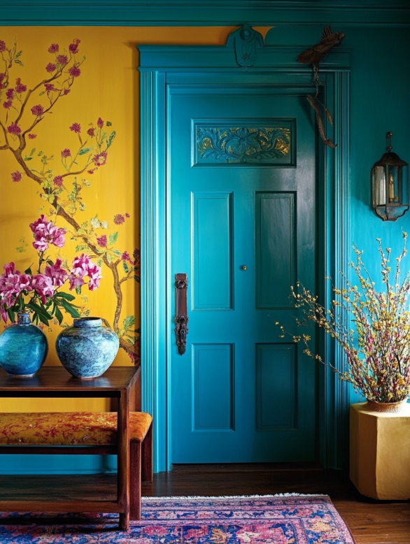 Bright blue interior door in an eclectic room with vibrant walls and decorative elements.