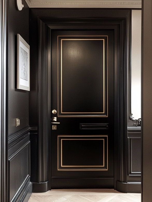 Black interior door hardware with golden trim accents for luxury interior design
