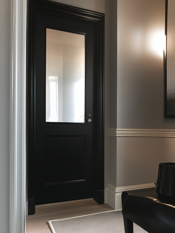 Black interior door with glass panel insert for hallways and modern interiors