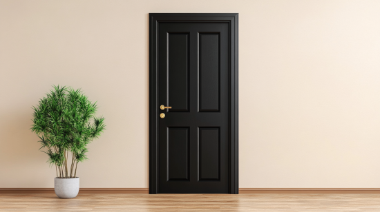 Traditional black interior door with golden hardware in minimalist living room design