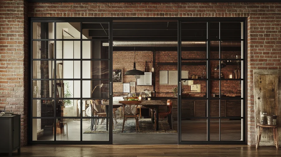 industrial style black-framed glass double interior doors in a contemporary dining room.