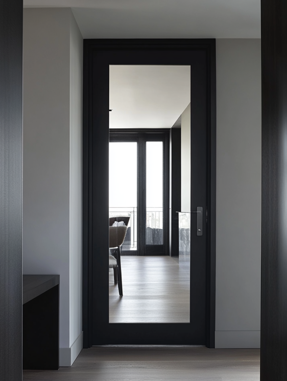 Modern black interior door with full-length mirror design reflecting natural light inside