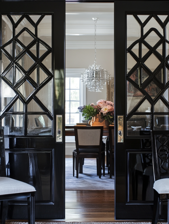 Black French doors interior with unique lattice glass design for dining room