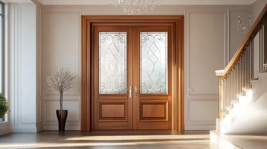 ornate glass interior double doors with wood frame in a luxurious entryway.
