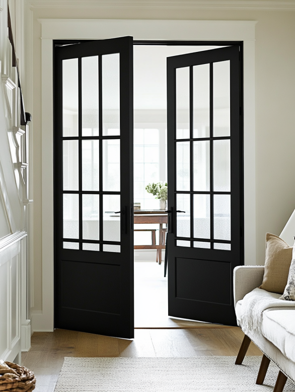 Black French doors interior design with glass panels for elegant open living spaces