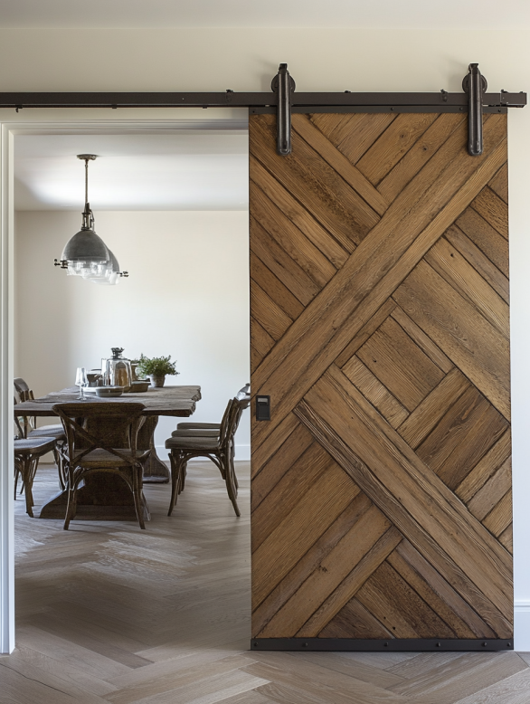 Rustic wooden barn door with a diagonal design in a modern dining area.