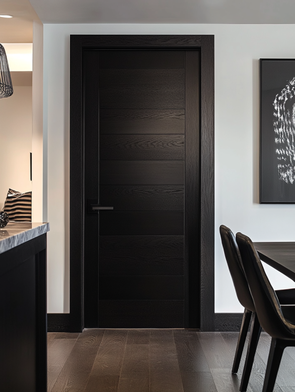 Black interior door with modern horizontal panels and matte finish for contemporary homes