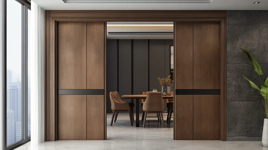 modern office with sliding wooden double interior doors for space-saving style.