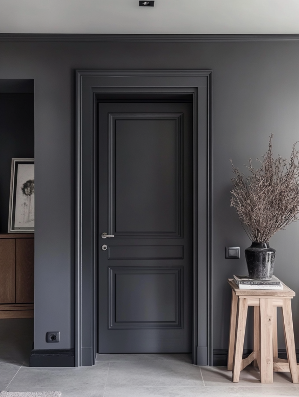 Elegant dark gray interior door colors with sleek lines and modern handles in a minimalist home.