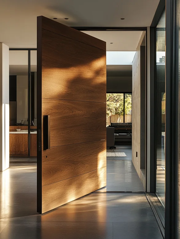 pivot modern wood interior door with oversized design and elegant vertical handle