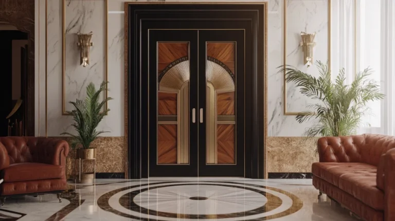 luxury living room with decorative double interior doors featuring art deco design elements.