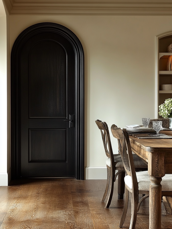 Arched black interior door with classic wood frame adds charm to traditional dining space