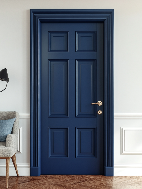 Navy blue interior door colors with classic detailing in a bright, airy room.