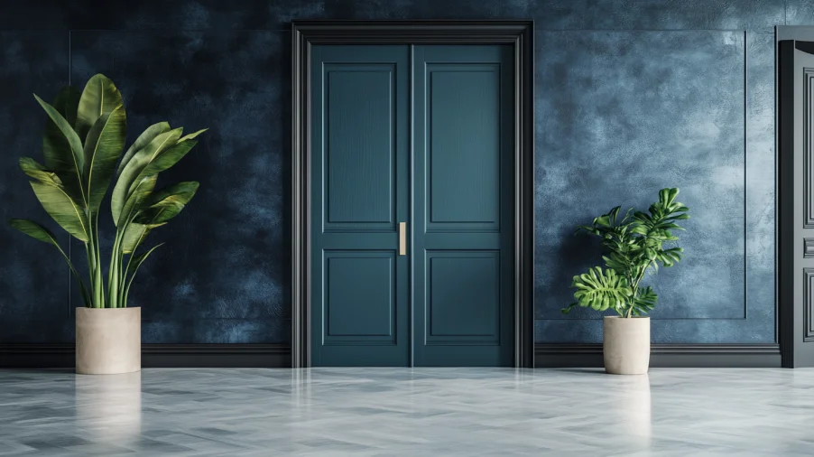 blue-painted double interior doors adding contrast to a sleek modern hallway.