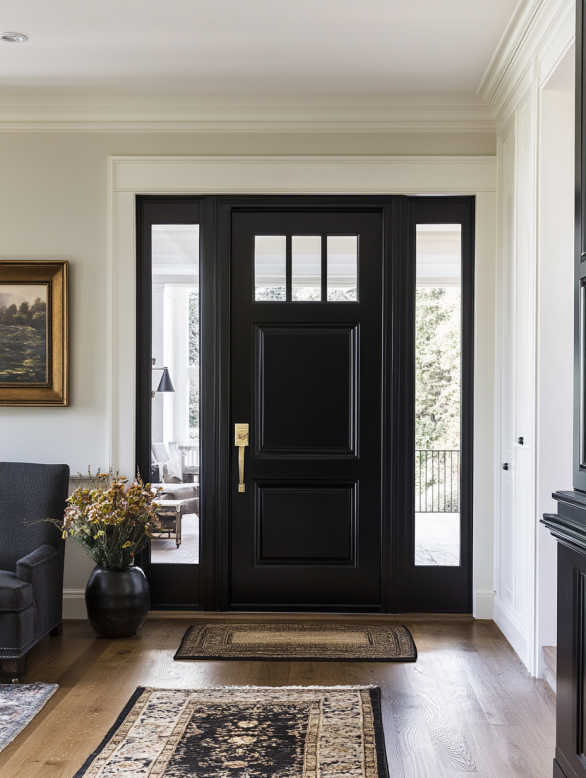 Black interior door with sidelights and glass panels providing light and style in entryway
