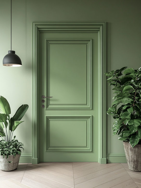 Soft green interior door colors in a nature-inspired room with plants and natural light.