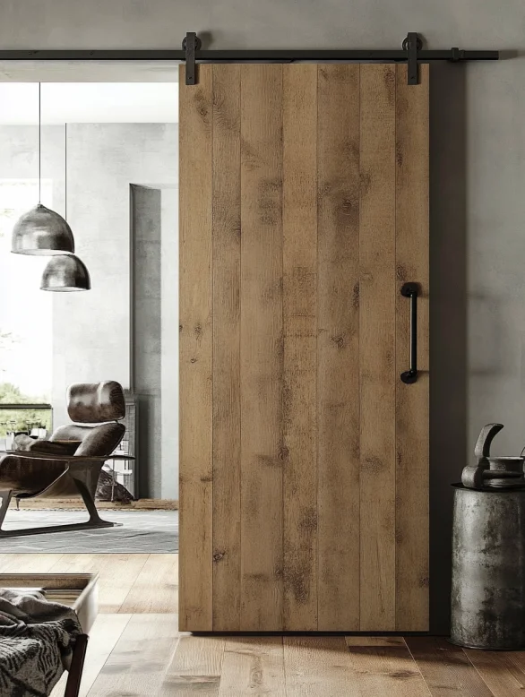 modern barn interior door with wood texture and minimalist black sliding hardware