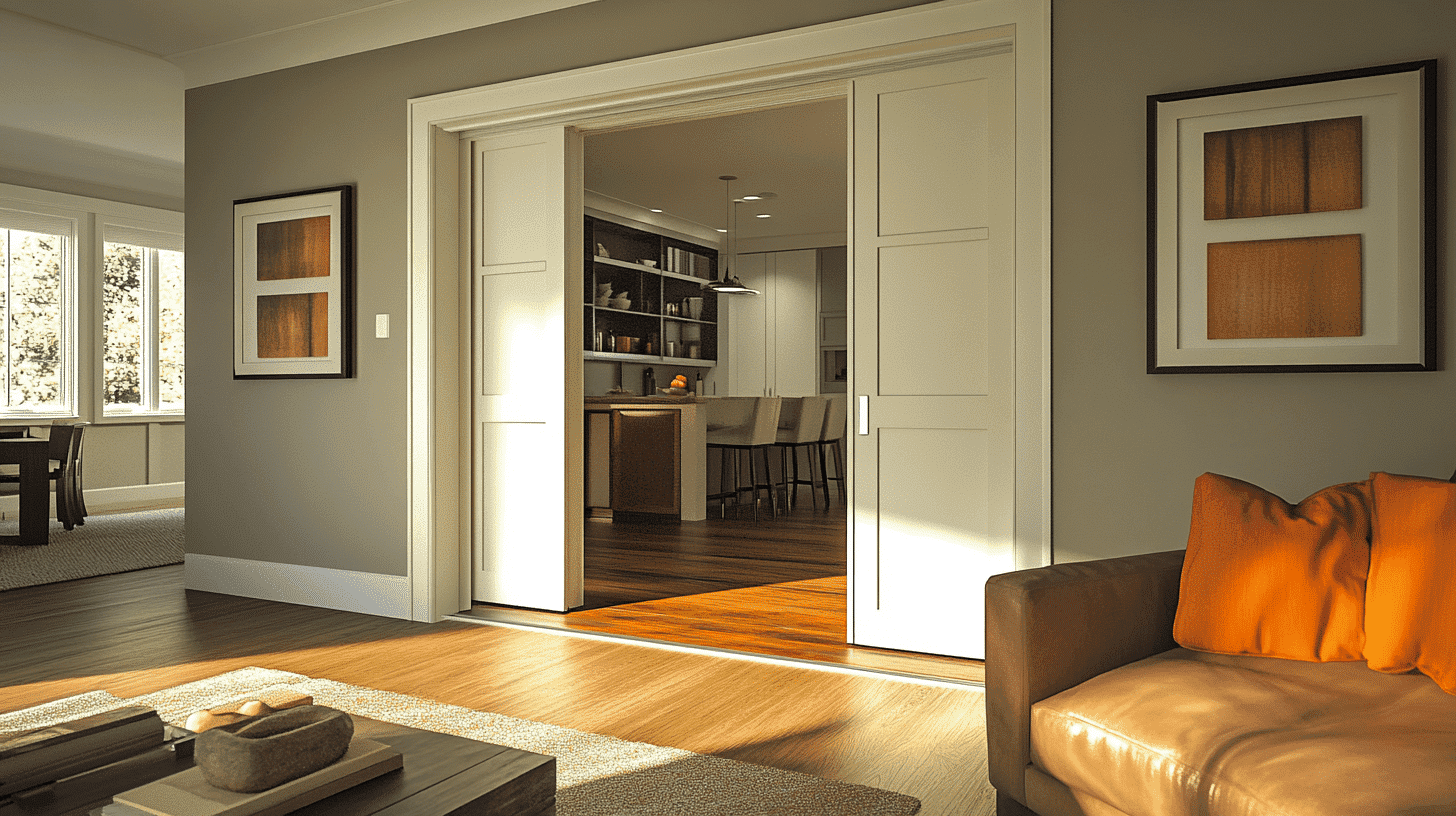 custom white pocket double interior doors opening into a modern living room.