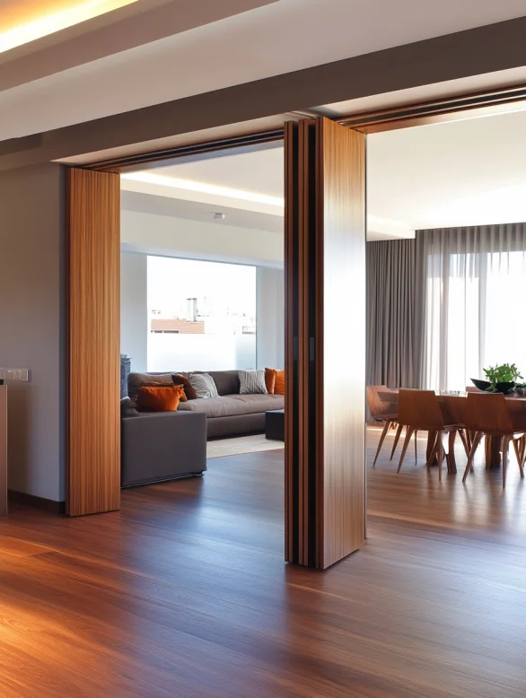 bifold modern wood interior door dividing living and dining spaces with folding panels