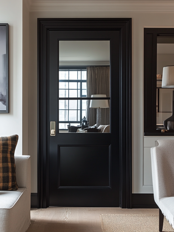 Black interior door with glass mirror panel for modern living room design inspiration