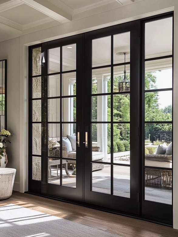 Black French doors interior design with large glass panes opening into bright patio space