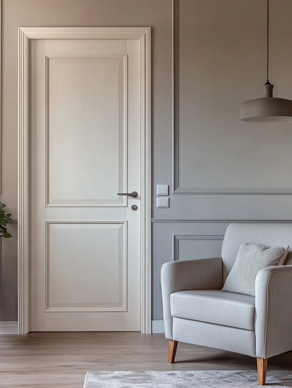 Elegant cream color interior door in a soft-toned room with cozy furniture.