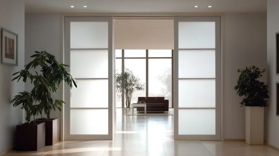 minimalist home with frosted-glass double interior doors separating the living spaces.