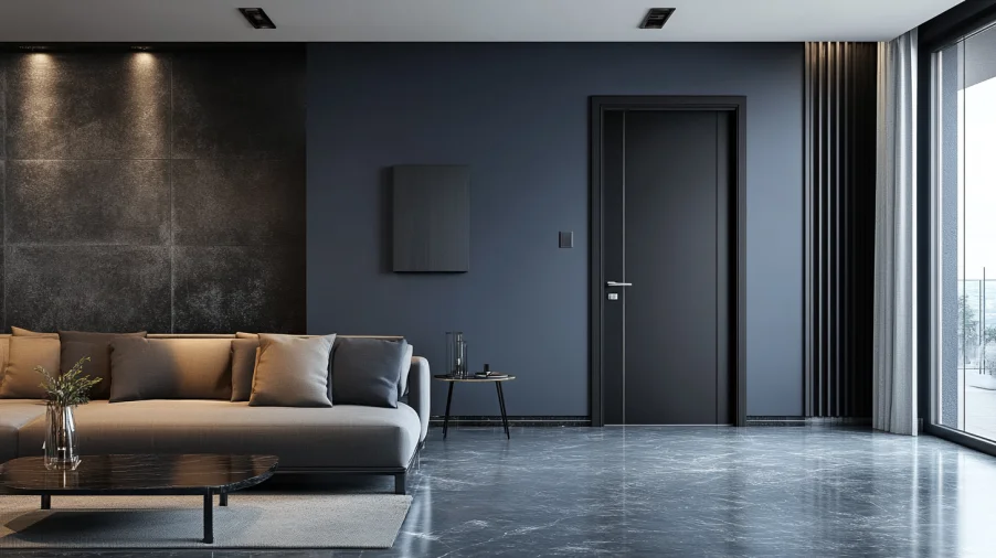 A cool black interior door with blue undertones, standing out against gray walls and modern design elements.