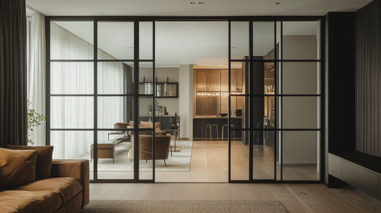 Glass and metal interior door styles enhance open layouts in modern apartments with interior doors dubai elegance.