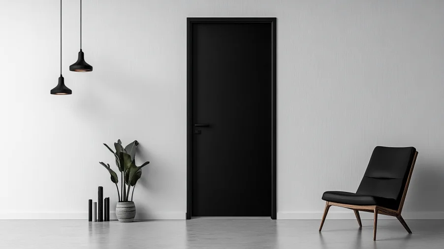 A bold matte jet black interior door framed by white trim, with clean lines and modern aesthetics.