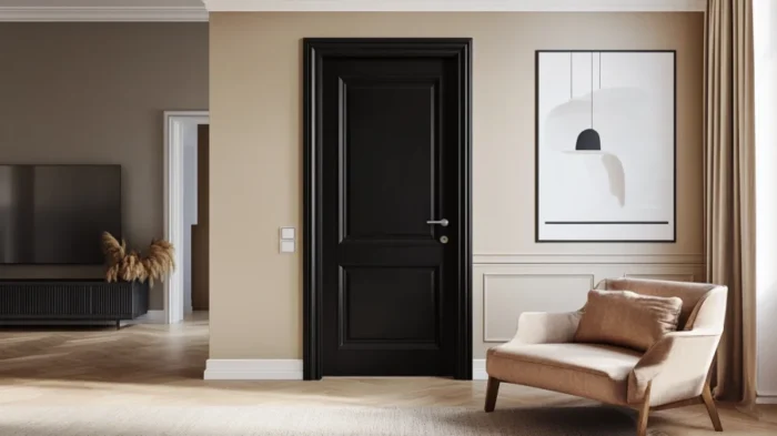 A warm black interior door with red undertones against light beige walls, creating a cozy and inviting atmosphere.