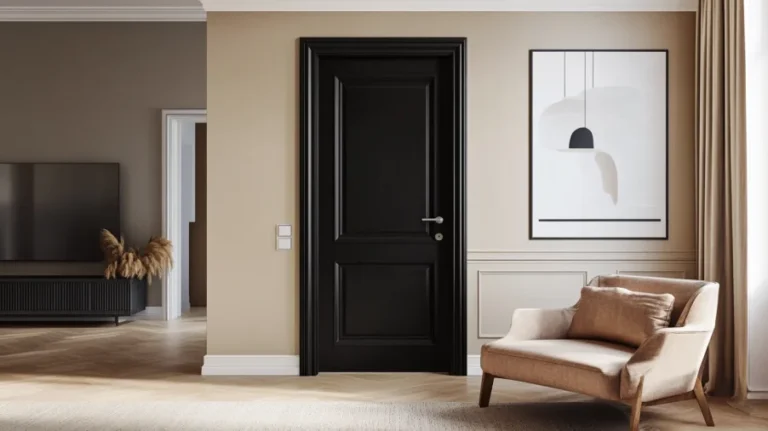 A warm black interior door with red undertones against light beige walls, creating a cozy and inviting atmosphere.