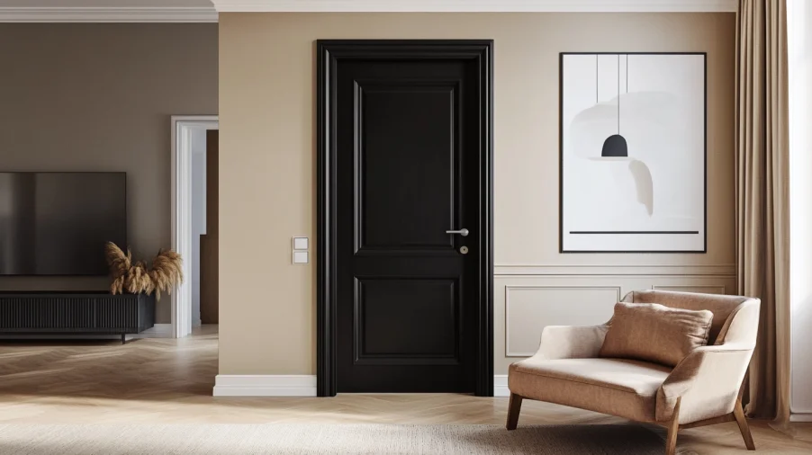 A warm black interior door with red undertones against light beige walls, creating a cozy and inviting atmosphere.