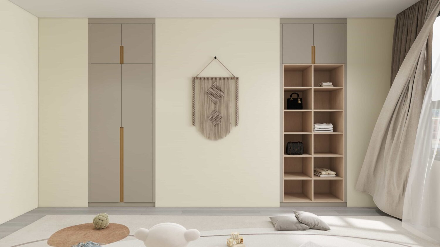 Double closet doors with decorative handles and molding enhancing overall bedroom style.