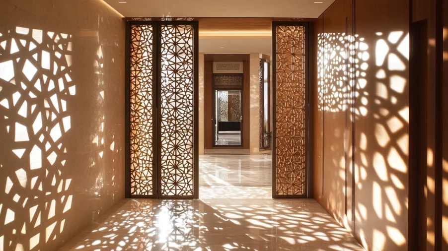 Arabesque mashrabiya-inspired interior door styles casting shadows in luxury interior doors dubai interiors.