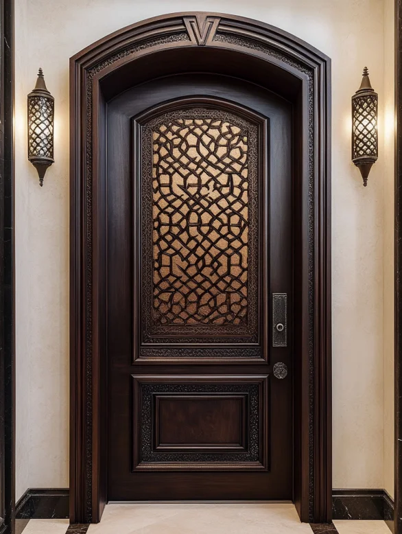 An Arabic-inspired molded interior door with geometric carved patterns.
