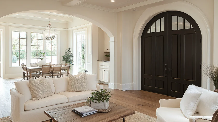 Elegant arched interior door style in dark wood enhancing a bright living space