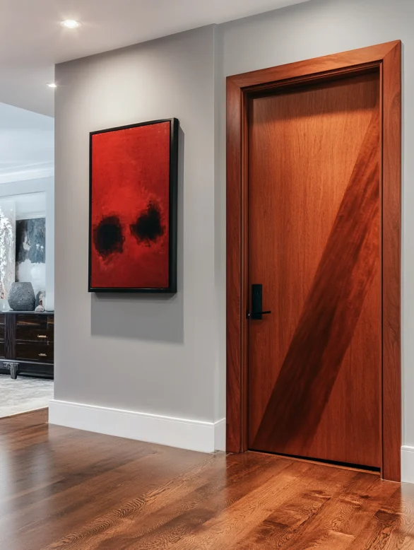 A wood asymmetrical modern interior door with diagonal molding design.