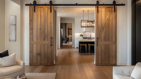 Barn-inspired sliding interior door styles with rustic wood finishes adapted for luxury interior doors dubai interiors.