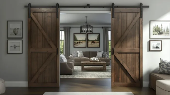 Rustic barn style interior doors in wood with black sliding hardware in living room
