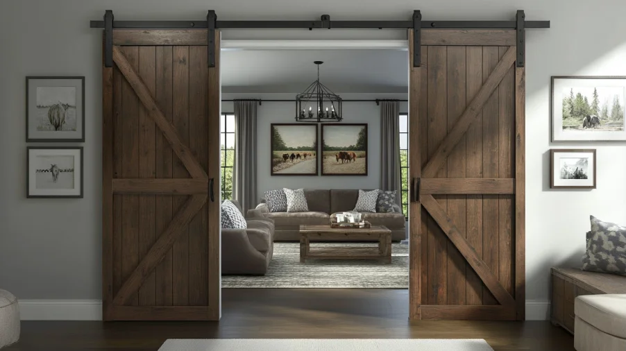 Rustic barn style interior doors in wood with black sliding hardware in living room