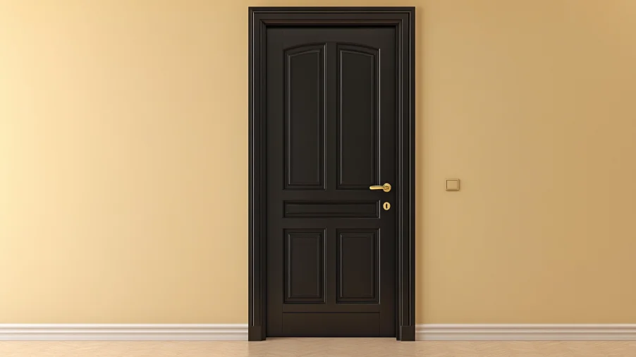 Black interior door contrasting with beige or cream walls, creating warmth and softening the contrast.