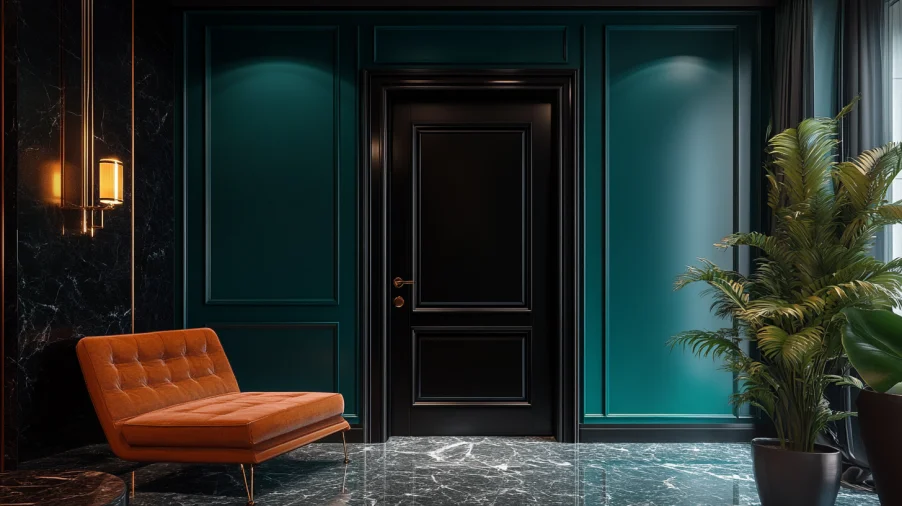 A luxurious space with black interior doors and bold walls in navy, emerald, or terracotta creating a dramatic look.