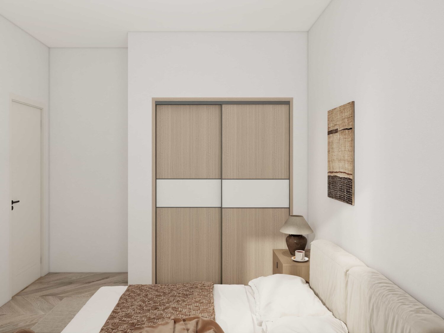 Minimalist built-in double closet doors blending seamlessly into a modern bedroom wall.