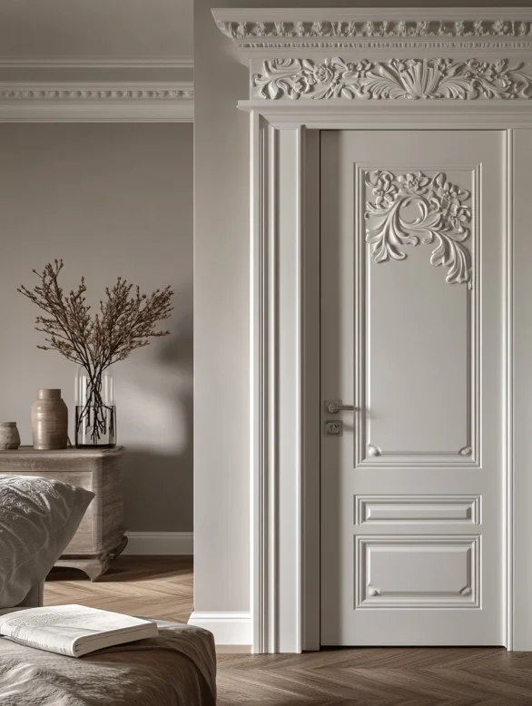 A wooden molded interior door with curved arch and carved