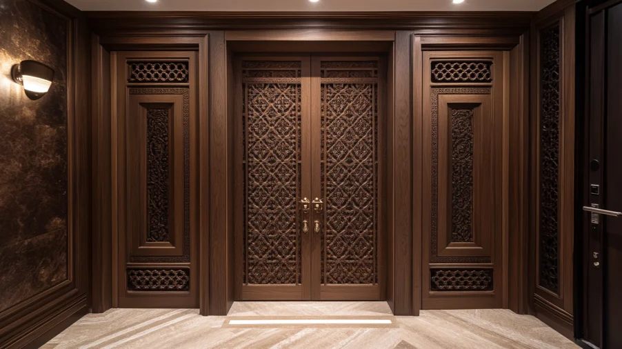 Intricate carved pattern interior door styless in dark wood with luxurious design details